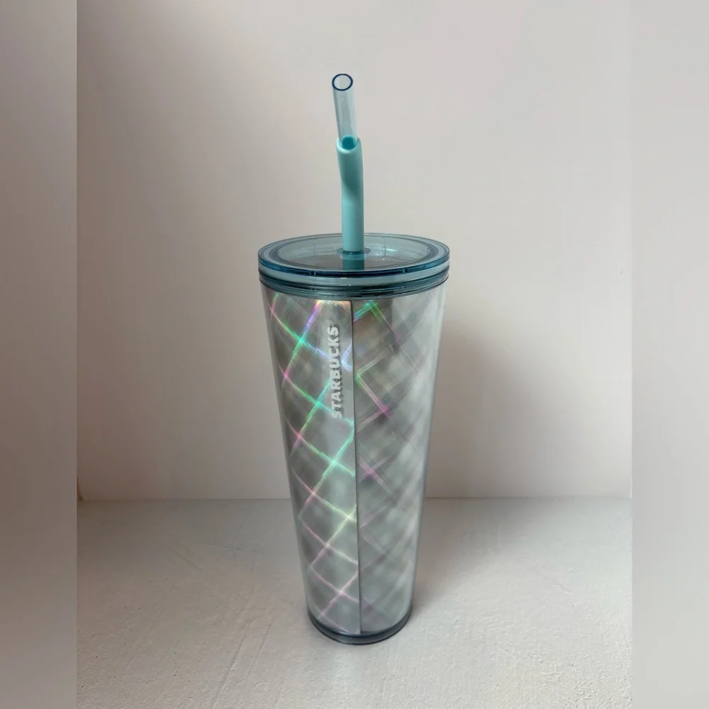 Starbucks Holographic Silver Tumbler with Blue Straw